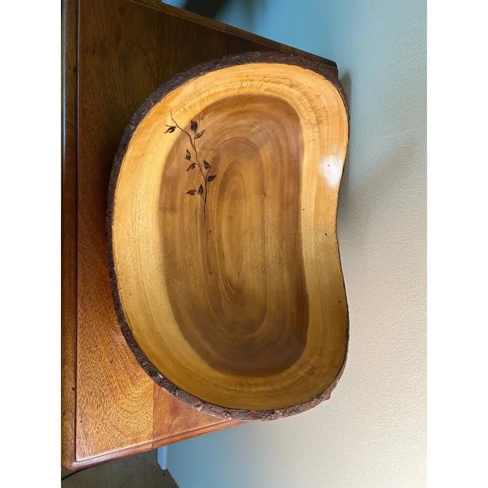 Vintage Olive Wood Look Live Edge Decorative Bowl with Burnt Floral Design